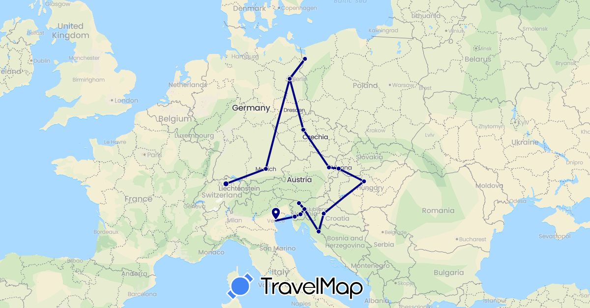 TravelMap itinerary: driving in Austria, Switzerland, Czech Republic, Germany, Croatia, Hungary, Italy, Poland, Slovenia, Slovakia (Europe)
